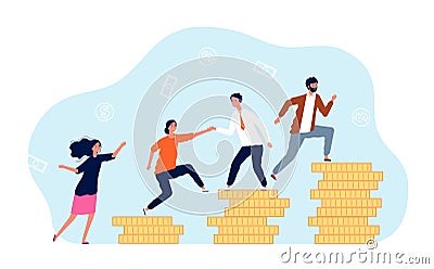 Revenue growth. People climb on coins. Mutual assistance in business, teamwork. Path to success, financial profit vector Vector Illustration