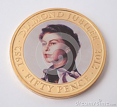 The reverse side of a British Commemorative coin for Queen Elizabeth II`s Diamond Jubilee Editorial Stock Photo