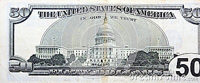 reverse side of 50 fifty dollars bill banknote series 1996 with a vignette of the U.S. Capitol showing the east front Stock Photo