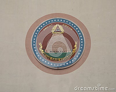 The reverse side of the Great Seal of the United States on the outside front of the Tower Building in Fair Park in Dallas, Texas. Editorial Stock Photo