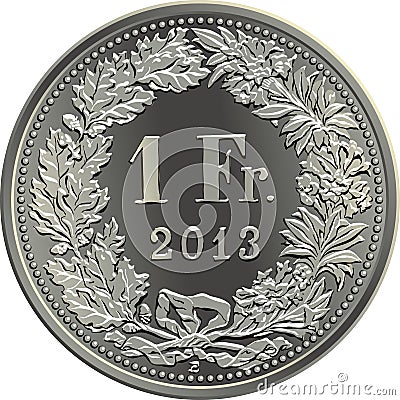 Swiss money 1 franc silver coin Vector Illustration