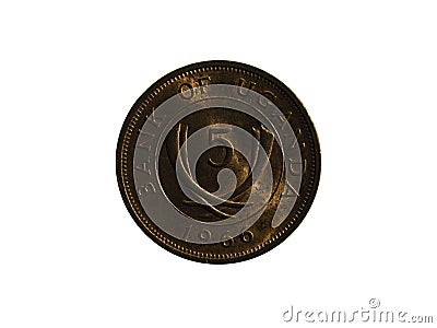 Reverse of Uganda coin 5 cents 1966. Isolated with white background. Stock Photo