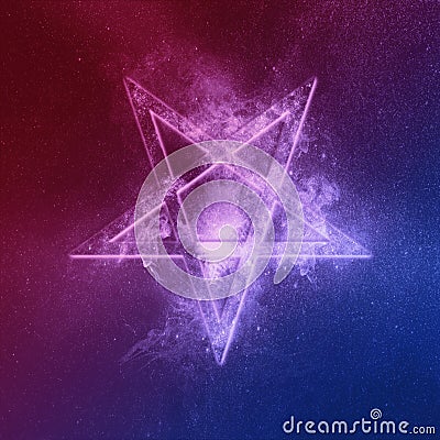 Reversed Pentagram symbol Red Blue. Abstract night sky background Stock Photo