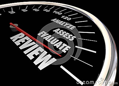 Review Analyze Evaluate Assess Speedometer Stock Photo