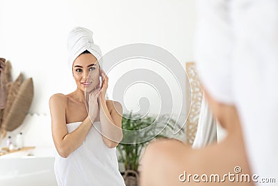 Review of beauty products, facial massage and blogger advises, be safety at home during covid-19 Stock Photo