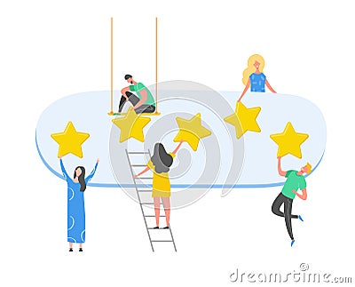 Review concept illustration. Woman character writing good feedback with gold stars. Customer rate services and user experience Vector Illustration