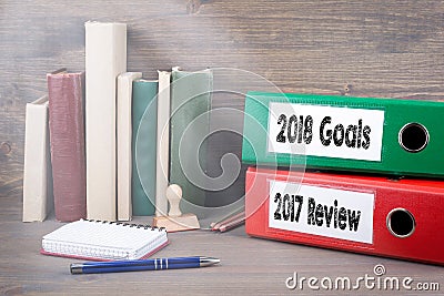 2017 review and 2018 goals. Binders on desk in the office. Business background Stock Photo