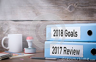 2017 review and 2018 goals. Two binders on desk in the office. Business background Stock Photo