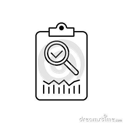 Review icon, thin line loupe with check mark on clipboard. concept of market data statistics research or business forecast. Cartoon Illustration