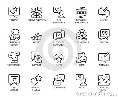 Review 20 line icons isolated. Comments or message chat bubbles, usability evaluation, communication, rating signs Vector Illustration