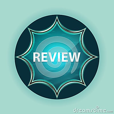 Review magical glassy sunburst blue button sky blue background Stock Photo