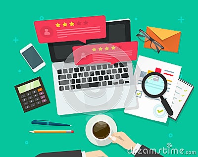 Review rating bubble speeches on computer vector illustration, flat style laptop reviews stars good, bad rate, concept Vector Illustration