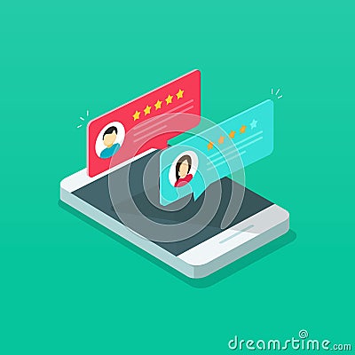 Review rating on mobile phone vector illustration, cartoon isometric smartphone online reviews rate stars, concept of Vector Illustration