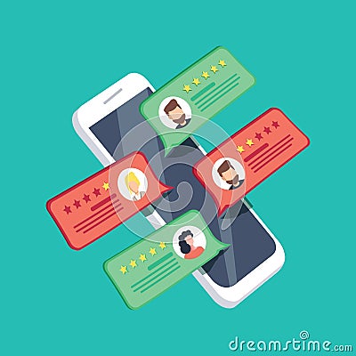 Review rating on mobile phone vector illustration, cartoon isometric smartphone online reviews rate stars Cartoon Illustration