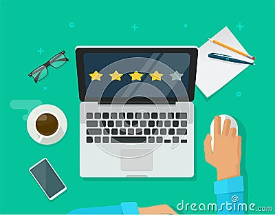 Review rating testimonials online on laptop computer workplace, customer evaluate testimony feedback experience concept Vector Illustration