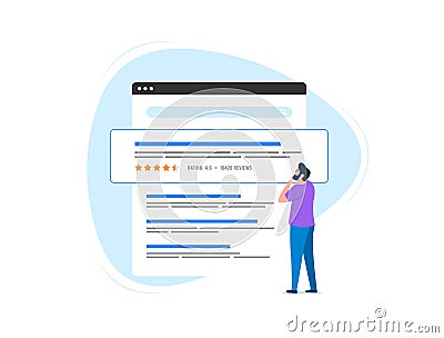 Review snippets concept. SERP Features and Rich Snippets based on customer reviews. Man studies search results and looks Vector Illustration
