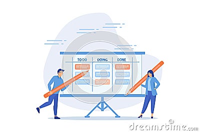 Review work progress on kanban board, todo list, in progress task and finished one, project management or planning for production Vector Illustration