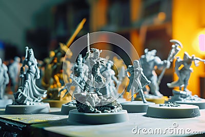 reviewing a lineup of miniature sculpture prototypes Stock Photo