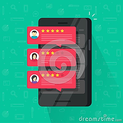 Reviews rating bubble on mobile phone vector illustration, flat smartphone review stars with good and bad rate and text Vector Illustration