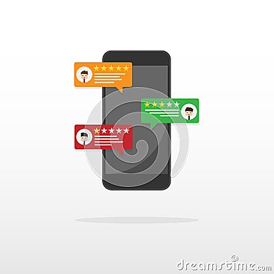 Reviews rating bubble on mobile phone vector illustration, flat style smartphone review stars with good and bad rate and text, Vector Illustration
