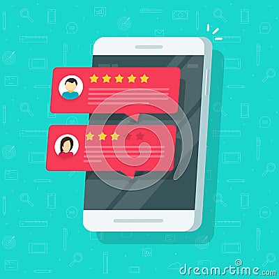 Reviews rating or reputation notices online on mobile phone or smartphone with testimonials feedback vector flat Vector Illustration