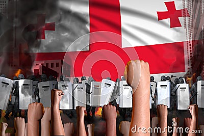 revolt stopping concept - protest in Georgia on flag background, police officers stand against the demonstrators crowd - military Stock Photo