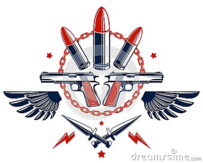 Revolution and War vector emblem with bullets and guns, logo or tattoo with lots of different design elements, riot partisan Vector Illustration