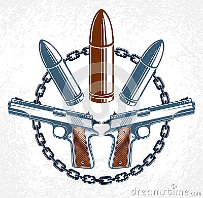 Revolution and War vector emblem with bullets and guns, logo or tattoo, riot partisan warrior, criminal and anarchist style, Vector Illustration