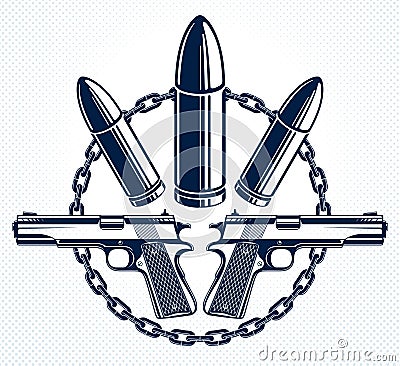 Revolution and War vector emblem with bullets and guns, logo or tattoo, riot partisan warrior, criminal and anarchist style, Vector Illustration