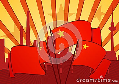 Revolutional background with a red flags Cartoon Illustration