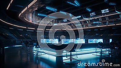 Futuristic Stadium: Automated Concessions & Real-Time Analytics through HUID Interfaces and ChatGPT Predictive Analytics Stock Photo