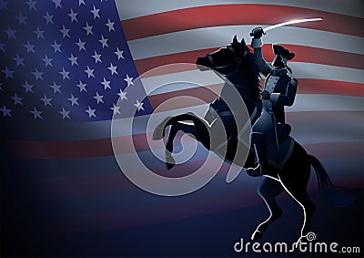 Revolutionary commander figure on horseback with United States of America flag as the background Vector Illustration