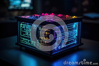 A revolutionary computer device that uses quantum mechanics principles to perform complex calculations at incredible speeds, Stock Photo