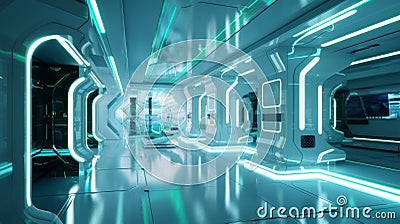 Revolutionary Design: Green and Blue Interior with Futuristic Shiny Walls and Bionic Accents in Award-Winning 8K HD Stock Photo