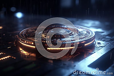 Revolutionary Digital Coin with Futuristic Circuit Design and Cinematic Rendering Technology Stock Photo