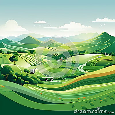 Revolutionary Farming Machine in Vibrant Green Farm Landscape Stock Photo