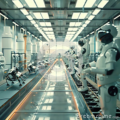Revolutionary futuristic robotics assembly line utilizing humanoid robots and automated systems for industrial Stock Photo