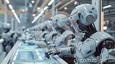 Revolutionary futuristic robotics assembly line utilizing humanoid robots and automated systems for industrial Stock Photo