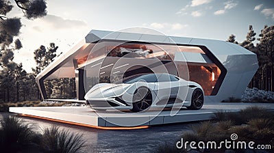 Revolutionary Luxury House with Supercharged Supercar Stock Photo