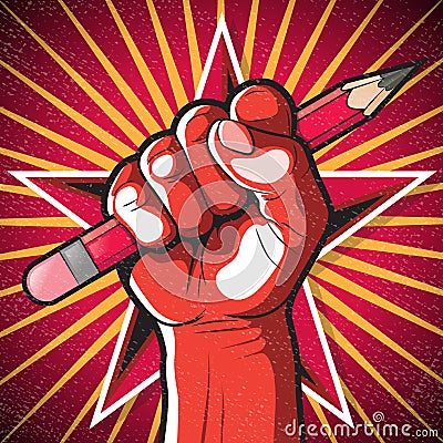 Revolutionary Punching Fist and Pencil Sign. Vector Illustration