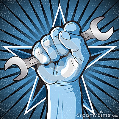 Revolutionary Punching Fist and Spanner Sign. Vector Illustration