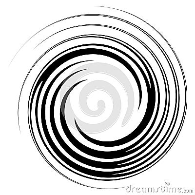 Revolved whirlpool, whirlwind design element. Radial shape with rotation, gyre effect. Curvy burst lines Vector Illustration