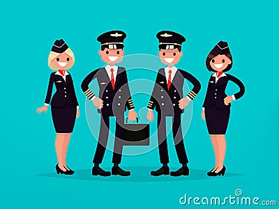 Ð¡rew of a commercial aircraft. Pilots and flight attendants. Vector illustration Cartoon Illustration