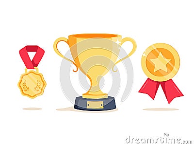 Reward program winner cup and first place bowl game trophy. Win super prize achievement and accomplishment concept. Vector Illustration