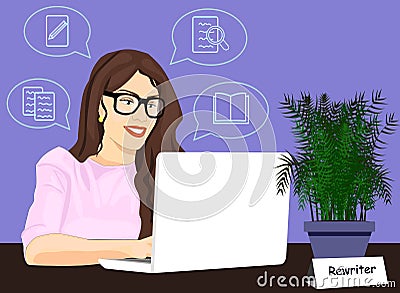 Rewriter girl working on laptop vector icon. Concept of rewriting illustration. Woman typing article on computer Vector Illustration