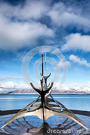 The Sun Voyager Solfar sculpture by Jon Gunnar Arnason on the Editorial Stock Photo