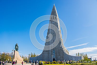 Beautiful city of Reykjavik in Iceland Hallgrimskirkja church, European street, rainbow road, canal and museum Editorial Stock Photo