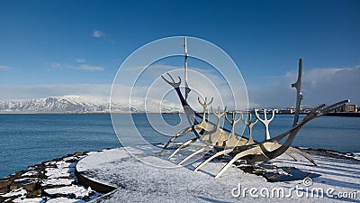 REYKJAVIK, ICELAND - AUGUST 10: The Solfar sculpture Sun Voyager is on display at the waterfront, north of Reykjavik city center Editorial Stock Photo