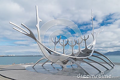 Solfar or Sun Voyager sculpture by Jon Gunnar Arnason. Sun Voyager is described as a dreamboat Editorial Stock Photo