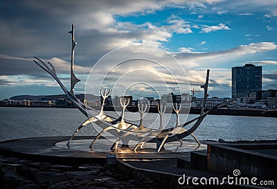 The Sun Voyager sculpture of a Viking long-ship in Reykjavik, Iceland. Editorial Stock Photo